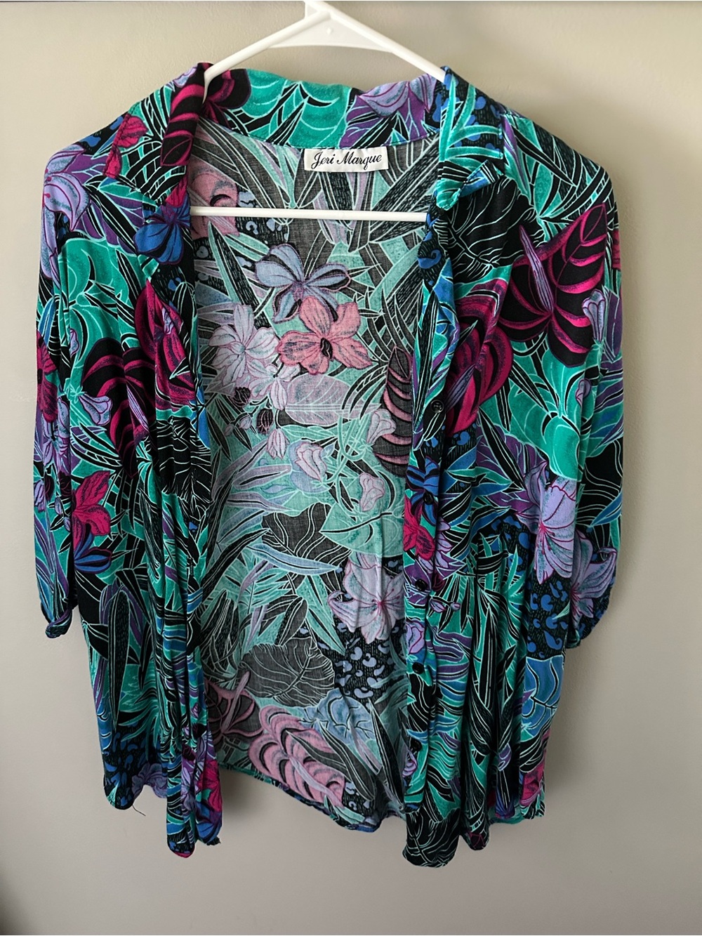 Jeri Marque Tropical Floral Button-Up Top - Teal, Purple, Pink